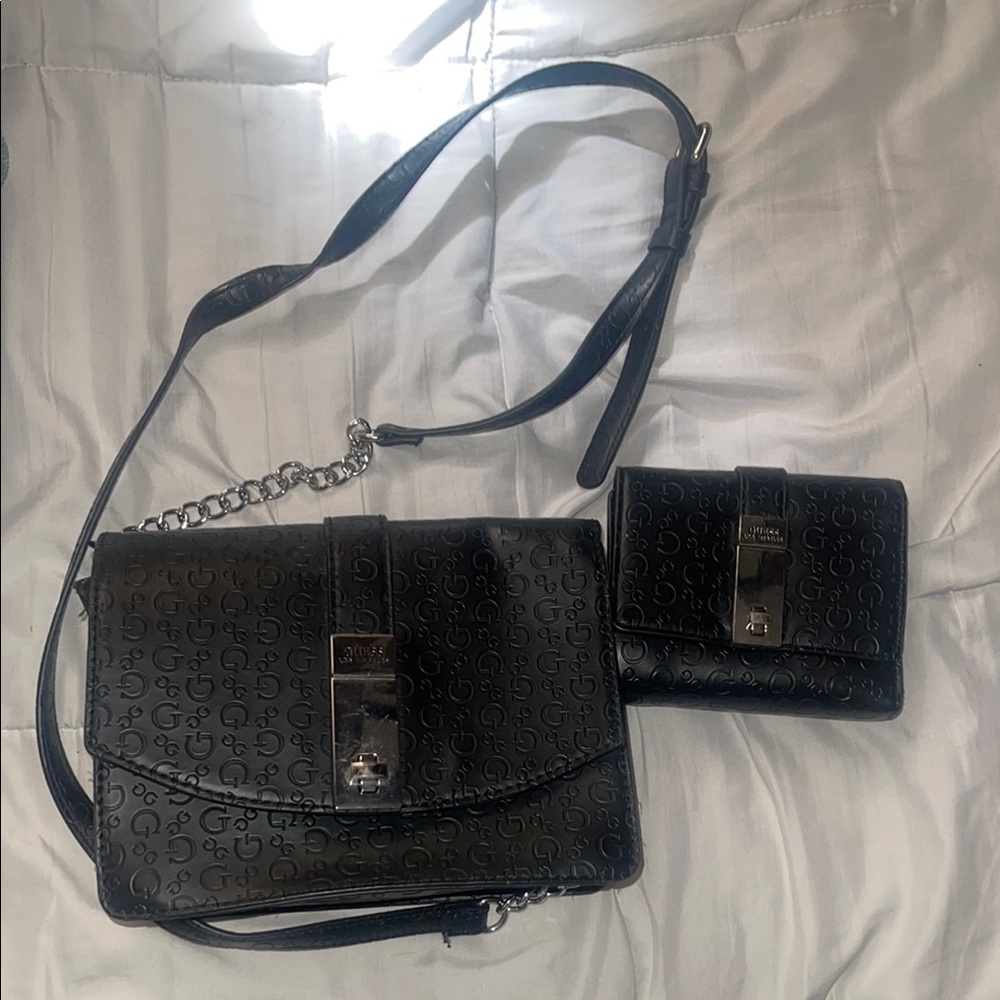 Guess Black Designer Women's Bag and Wallet Set